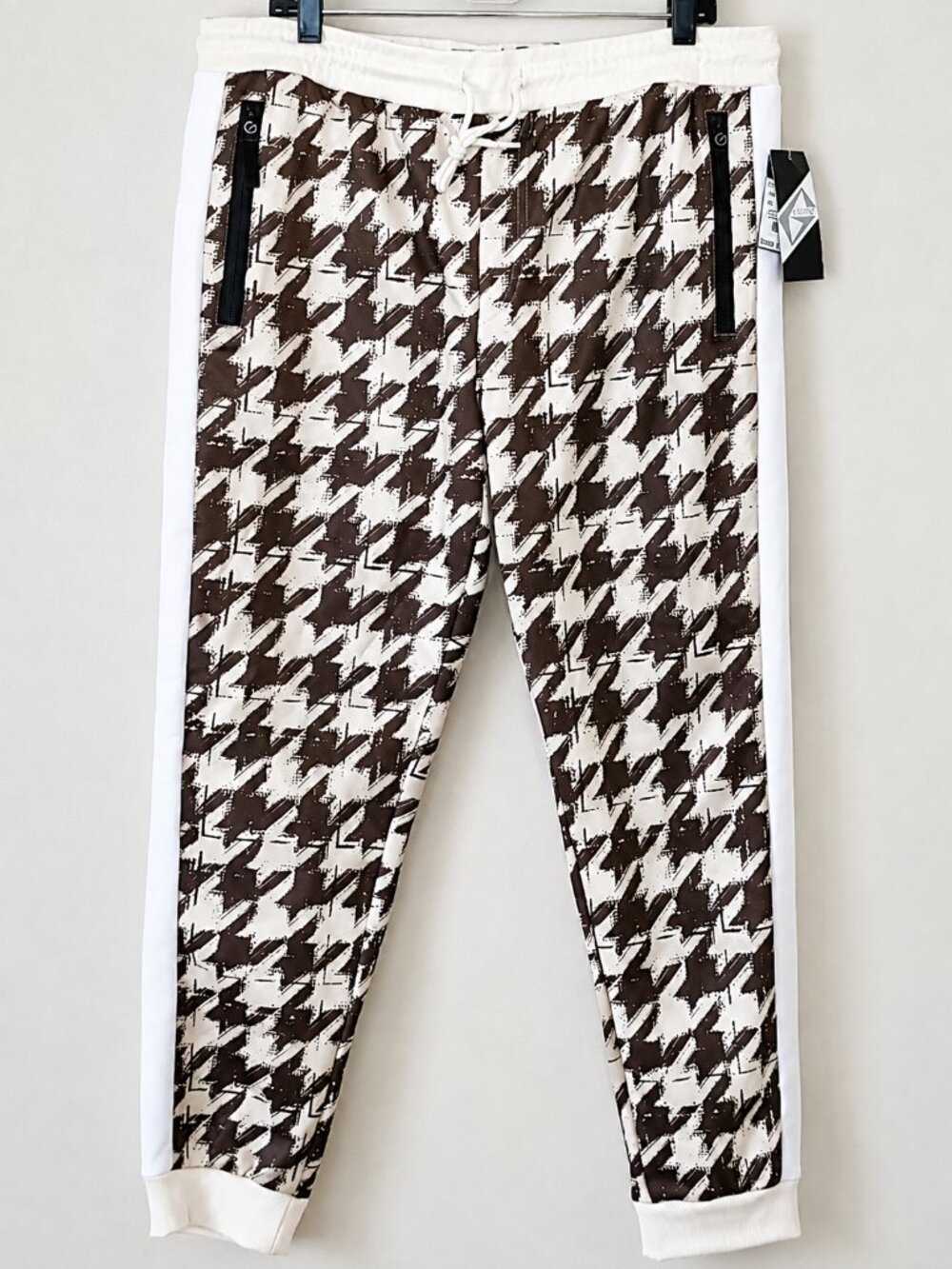 G-Net Men's Tan Houndstooth Printed Drawstring Streetwear Jogger Pants SZ XL